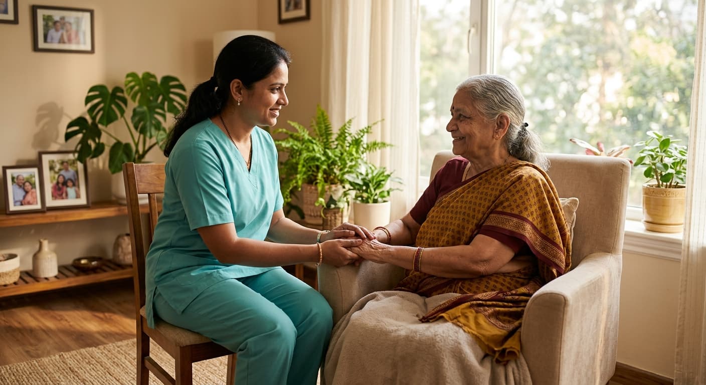 Caregiver comforting an elderly woman at home