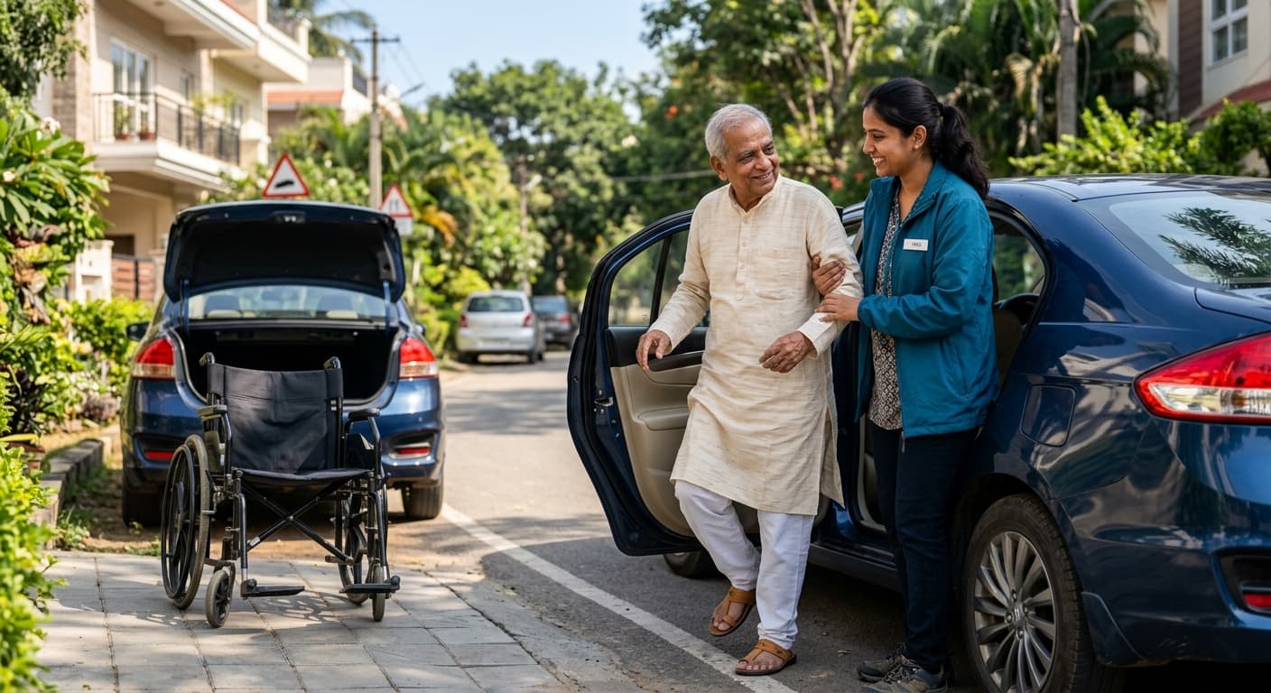 Caregiver assisting a senior with transportation